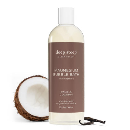 Deep Steep front bottle showing vanilla coconut scent and clean-beauty benefits