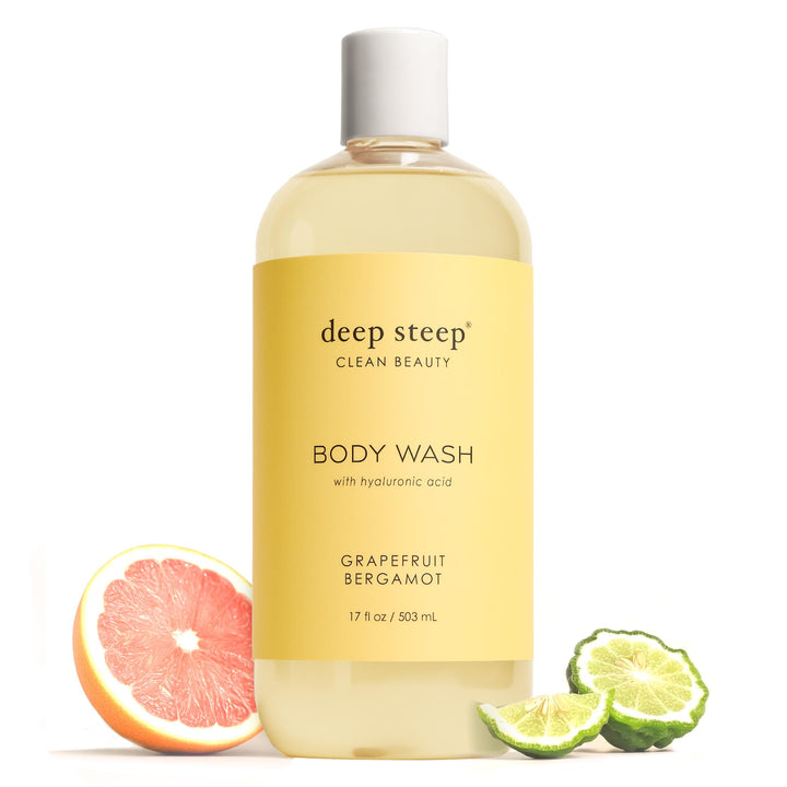 Deep Steep front packaging showing bottle and grapefruit scent benefit