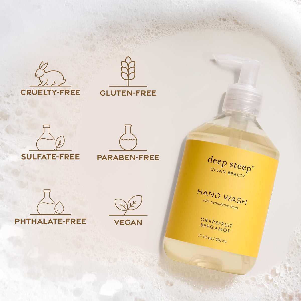Deep Steep hand wash poured into palm showing creamy formula and immediate hydration