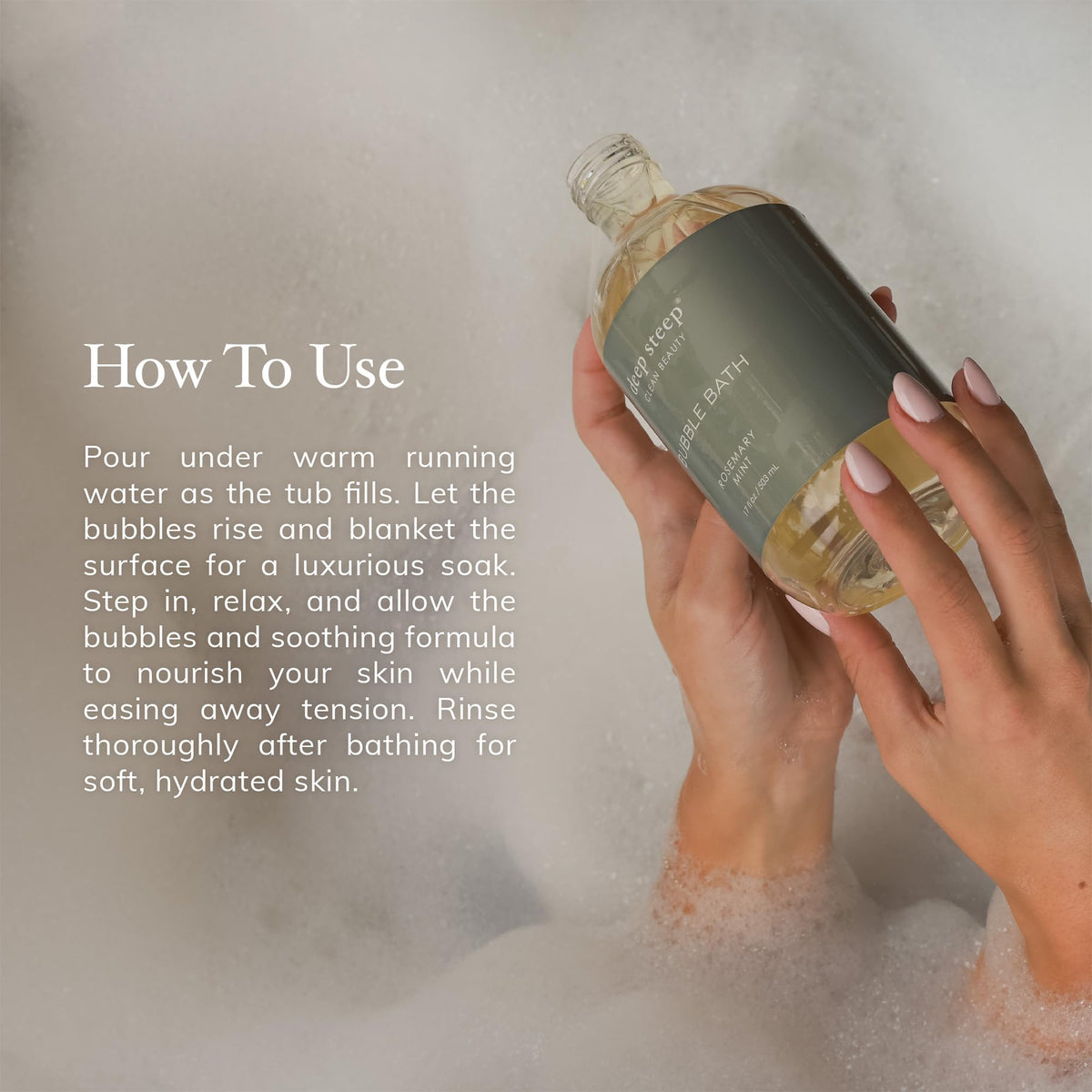 Deep Steep ingredient icons listing sulfate-free and vegan benefits on display