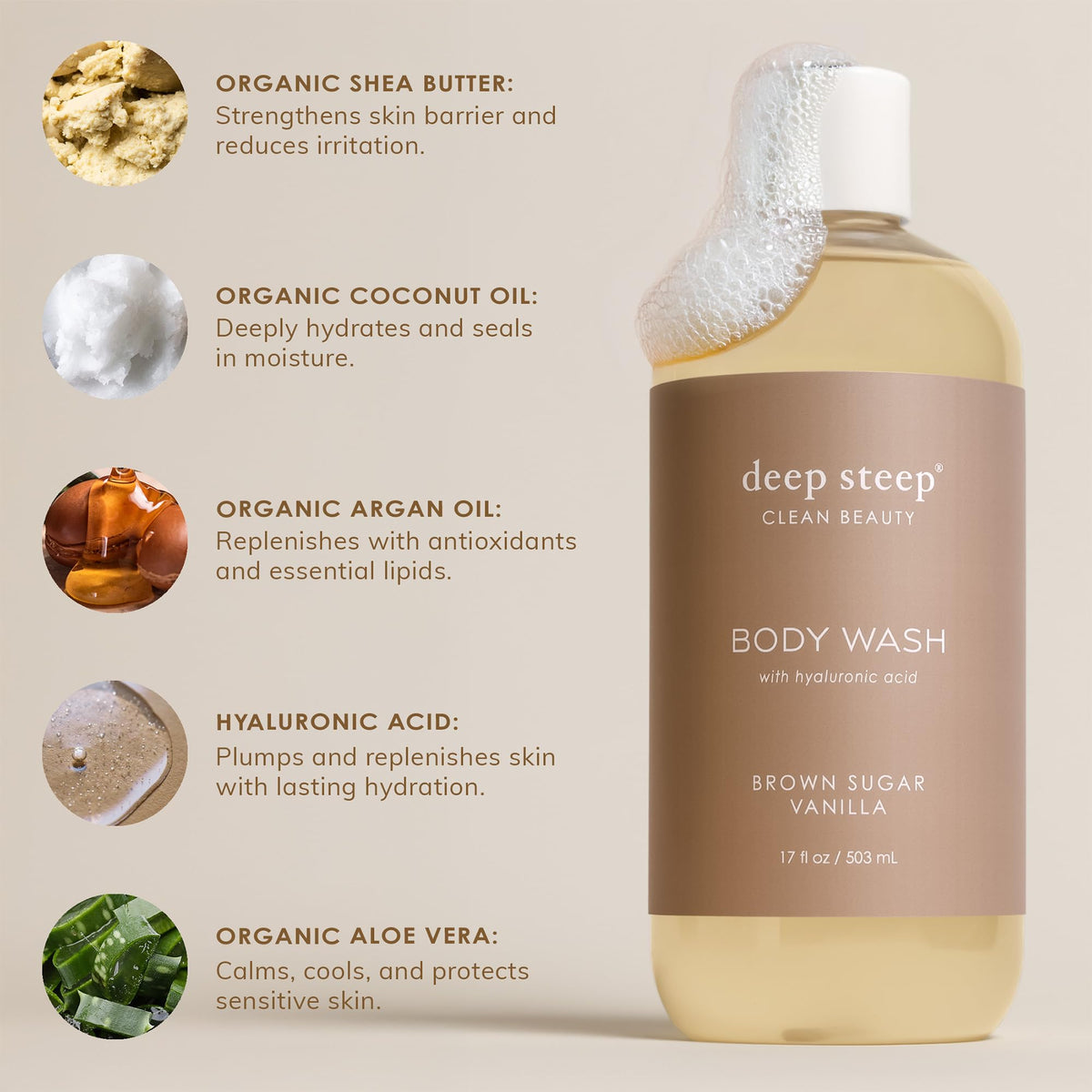 Deep Steep 17 fl oz bottle beside common items for size clarity
