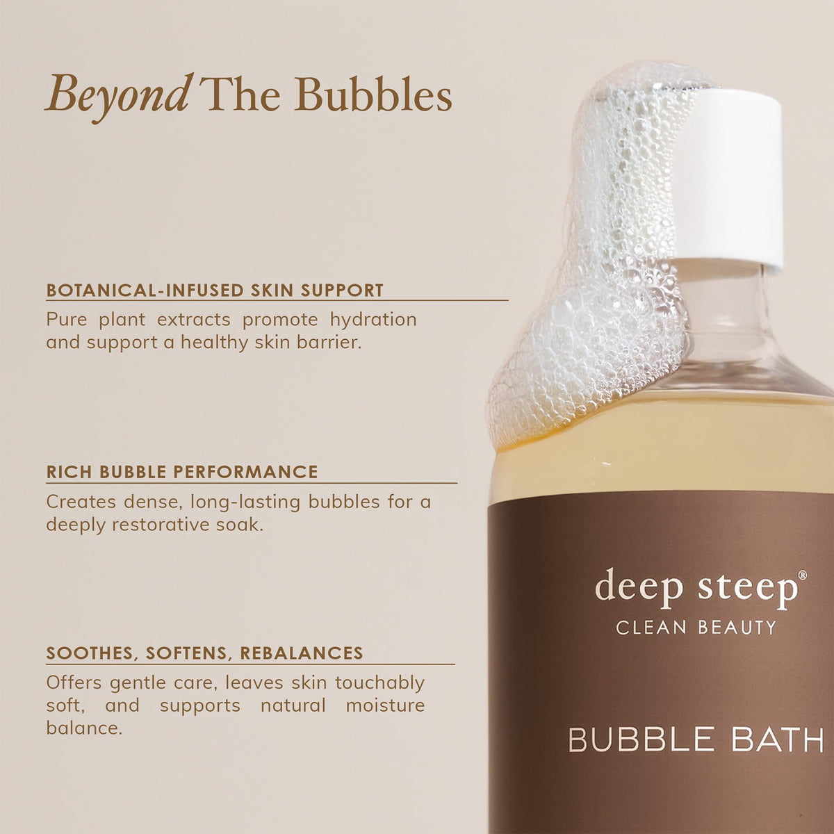 Deep Steep bubbles filling bathtub creating soothing aroma and foam benefit