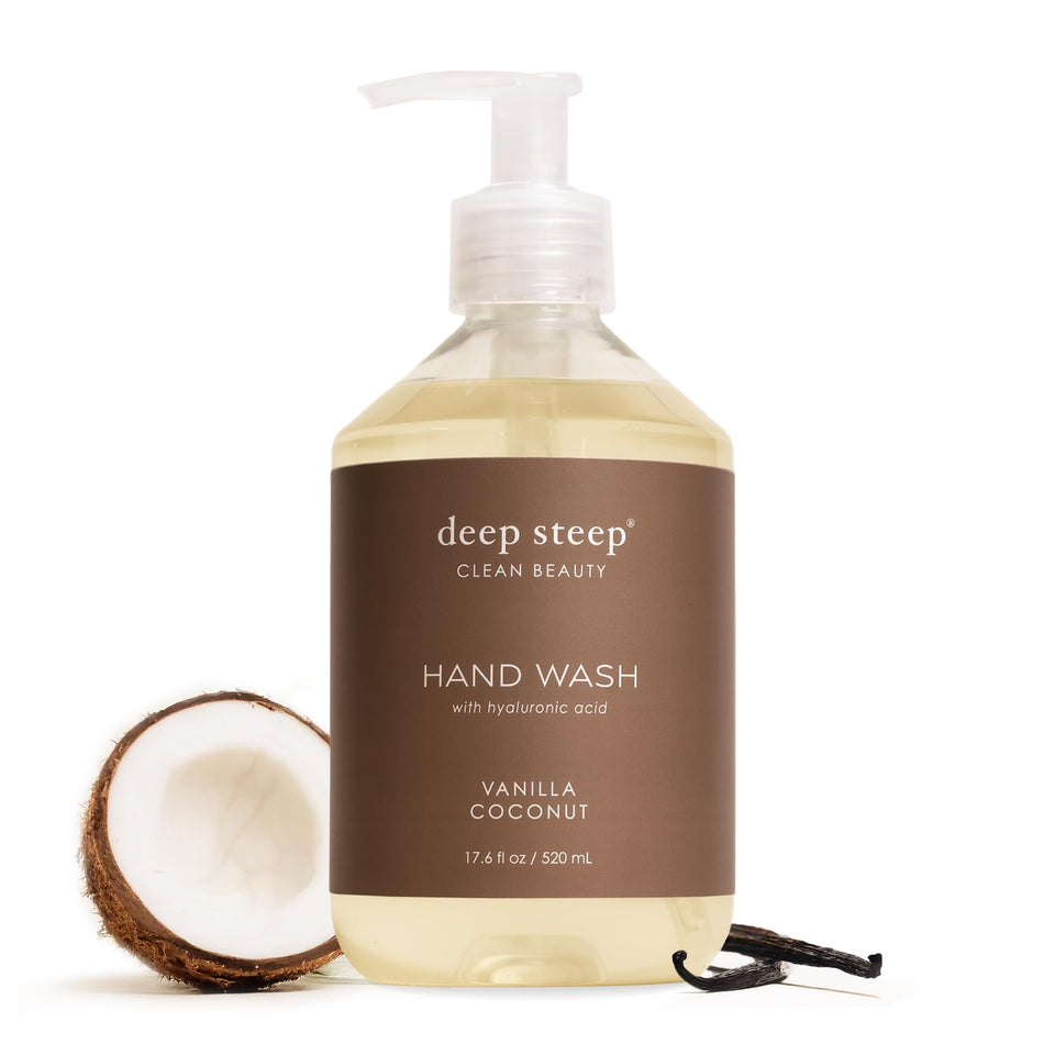Deep Steep front packaging showing 17.6 oz bottle and vanilla coconut scent benefit: clear labeling