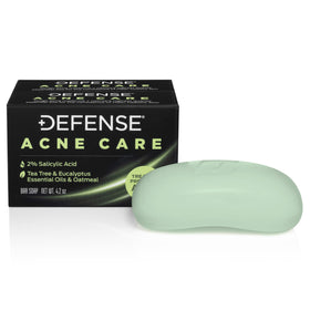 Defense Soap bar front packaging showing active acne-care formula and benefits