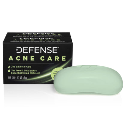 Defense Soap bar front packaging showing active acne-care formula and benefits