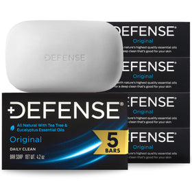 Defense Soap front packaging showing five bars and clear labeling, promotes reliable cleansing