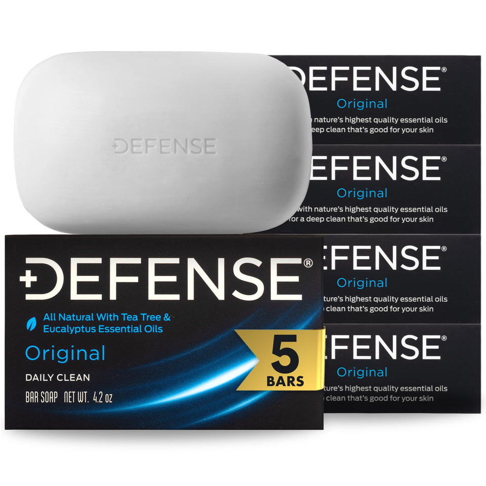 Defense Soap front packaging showing five bars and clear labeling, promotes reliable cleansing
