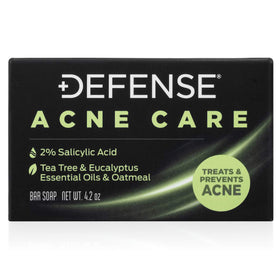 Defense Soap front packaging showing acne bar and clear ingredient callout