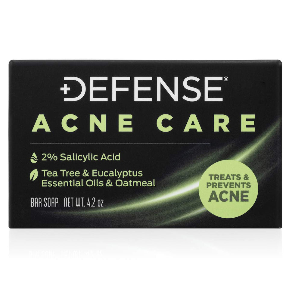 Defense Soap front packaging showing acne bar and clear ingredient callout
