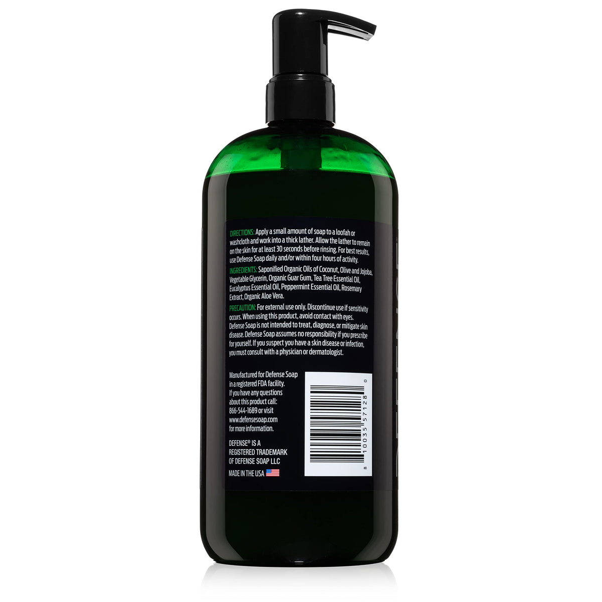 Defense Soap back label showing ingredients and directions for effective use benefit