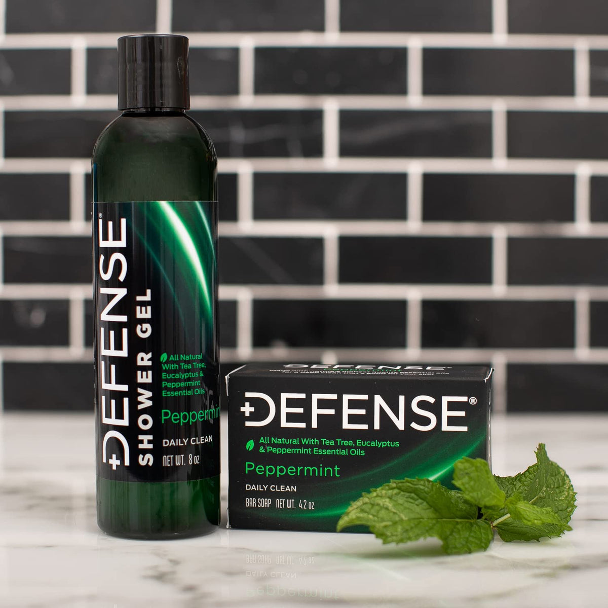 Defense Soap bar in shower setting portraying quick rinse and refreshing sensation benefit