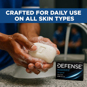 Defense Soap bars held in hand showing 4.2 oz size for reliable supply