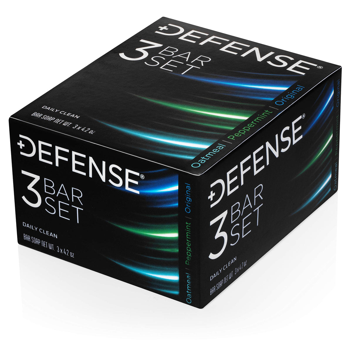 Defense Soap three bars lined up to compare Peppermint, Oatmeal, Original