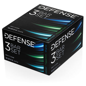 Defense Soap three bars lined up to compare Peppermint, Oatmeal, Original