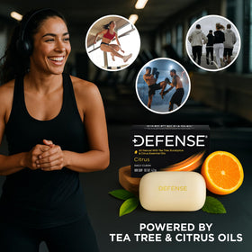 Defense Soap citrus bar close-up texture highlighting dense triple-milled bar