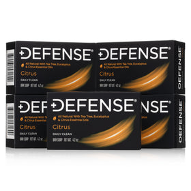 Defense Soap citrus bar front packaging showing pack of five and scent