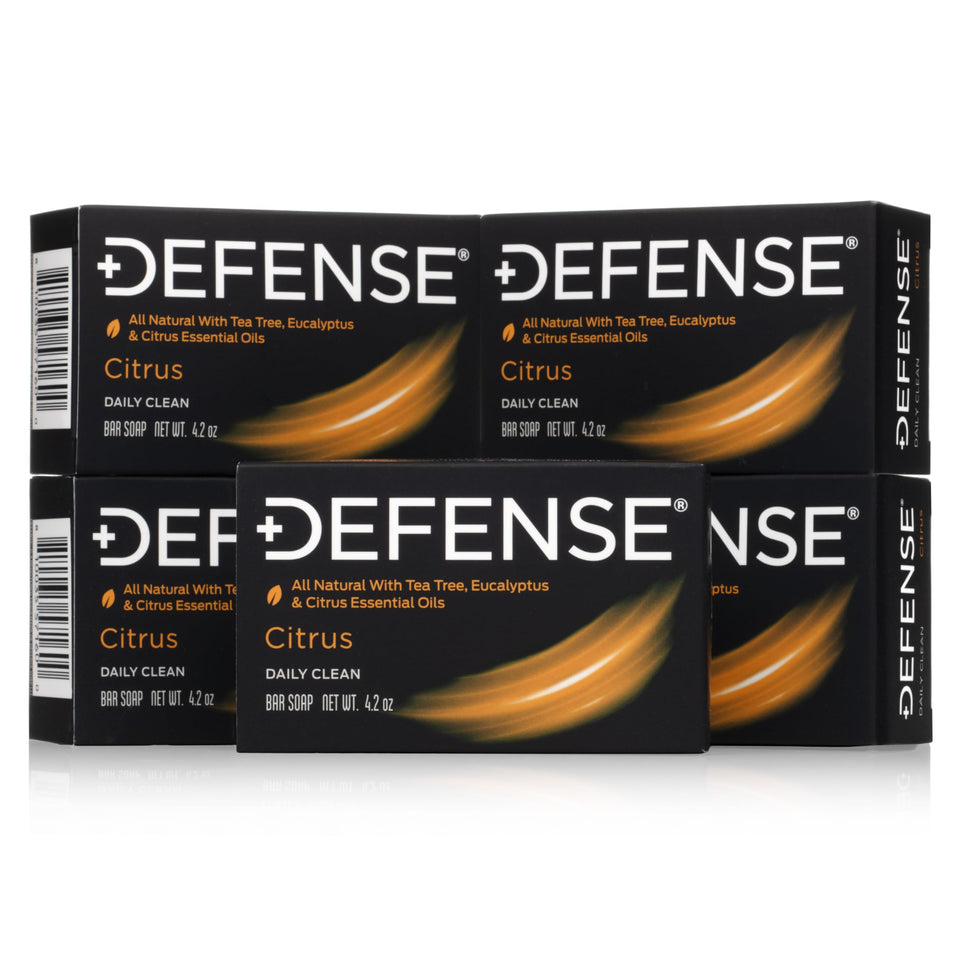 Defense Soap citrus bar front packaging showing pack of five and scent