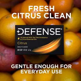 Defense Soap citrus bar ingredient label displaying tea tree and eucalyptus content