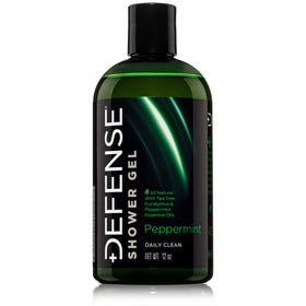Defense Soap front bottle showing peppermint tea tree label and clear benefits