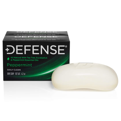 Defense Soap front packaging showing two peppermint bars and value