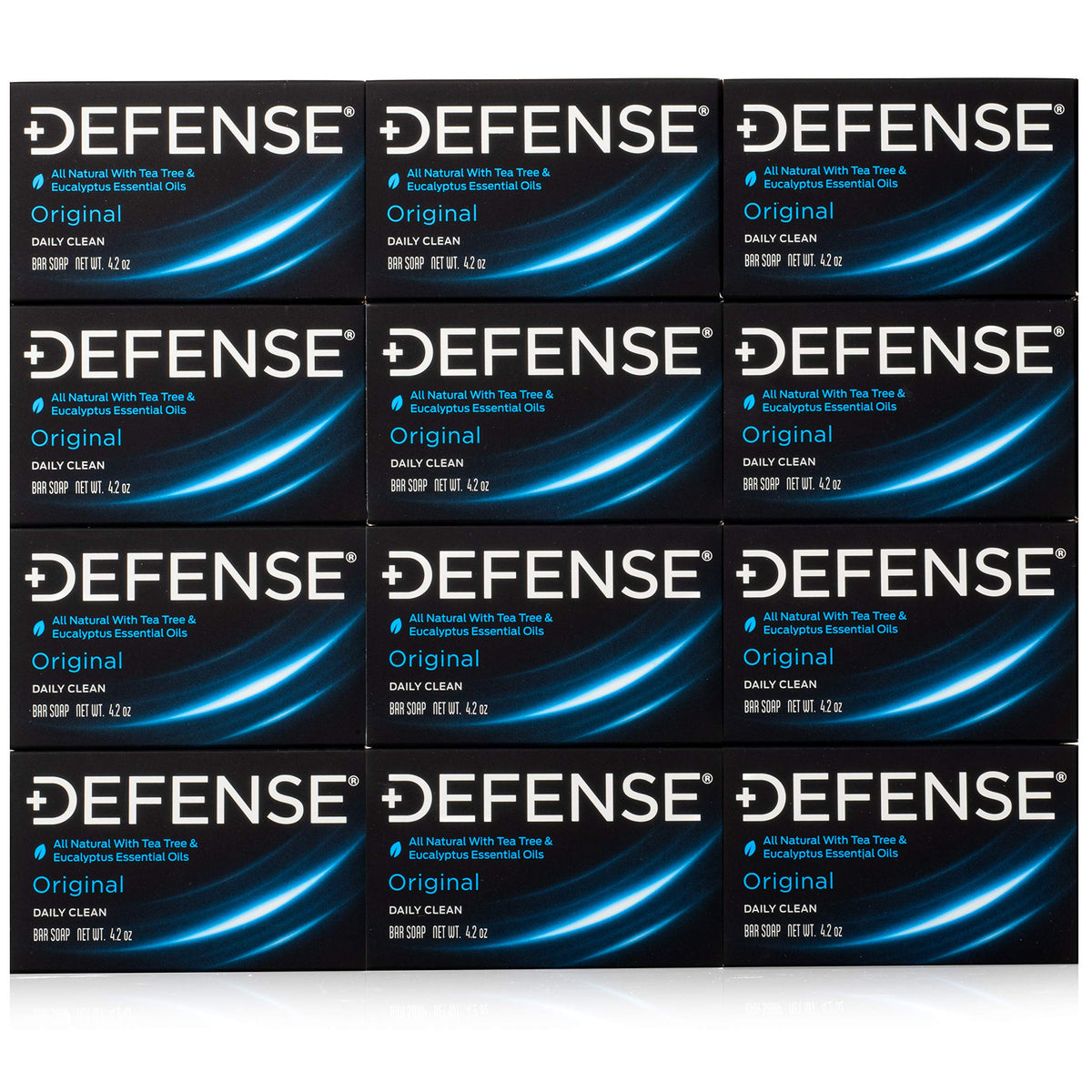 Defense Soap front packaging showing 12 bars and bulk value