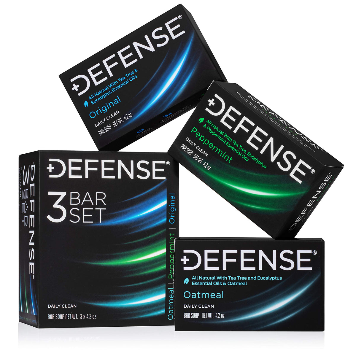 Defense Soap front packaging showing three 4.2 oz bars and benefits