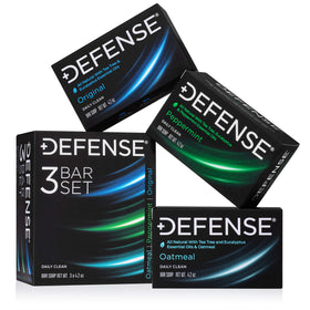 Defense Soap front packaging showing three 4.2 oz bars and benefits