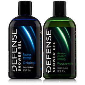 Defense Soap front packaging showing twin 12 oz bottles and branding benefits