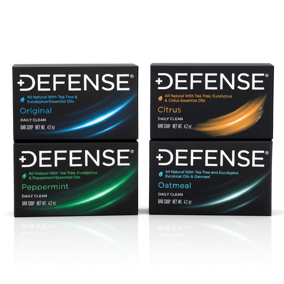 Defense Soap front packaging showing four full-size bars and brand clarity