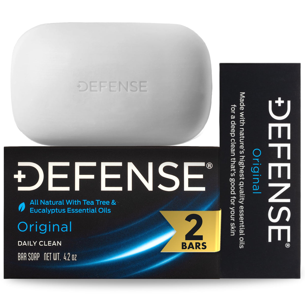 Defense Soap front packaging showing two natural tea tree bars and clear labeling, promotes reliable cleansing