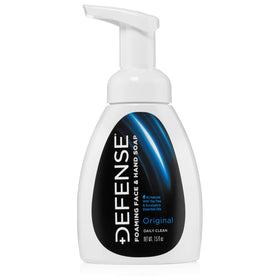 Defense Soap front pump bottle showing label and size, clear branding and convenience