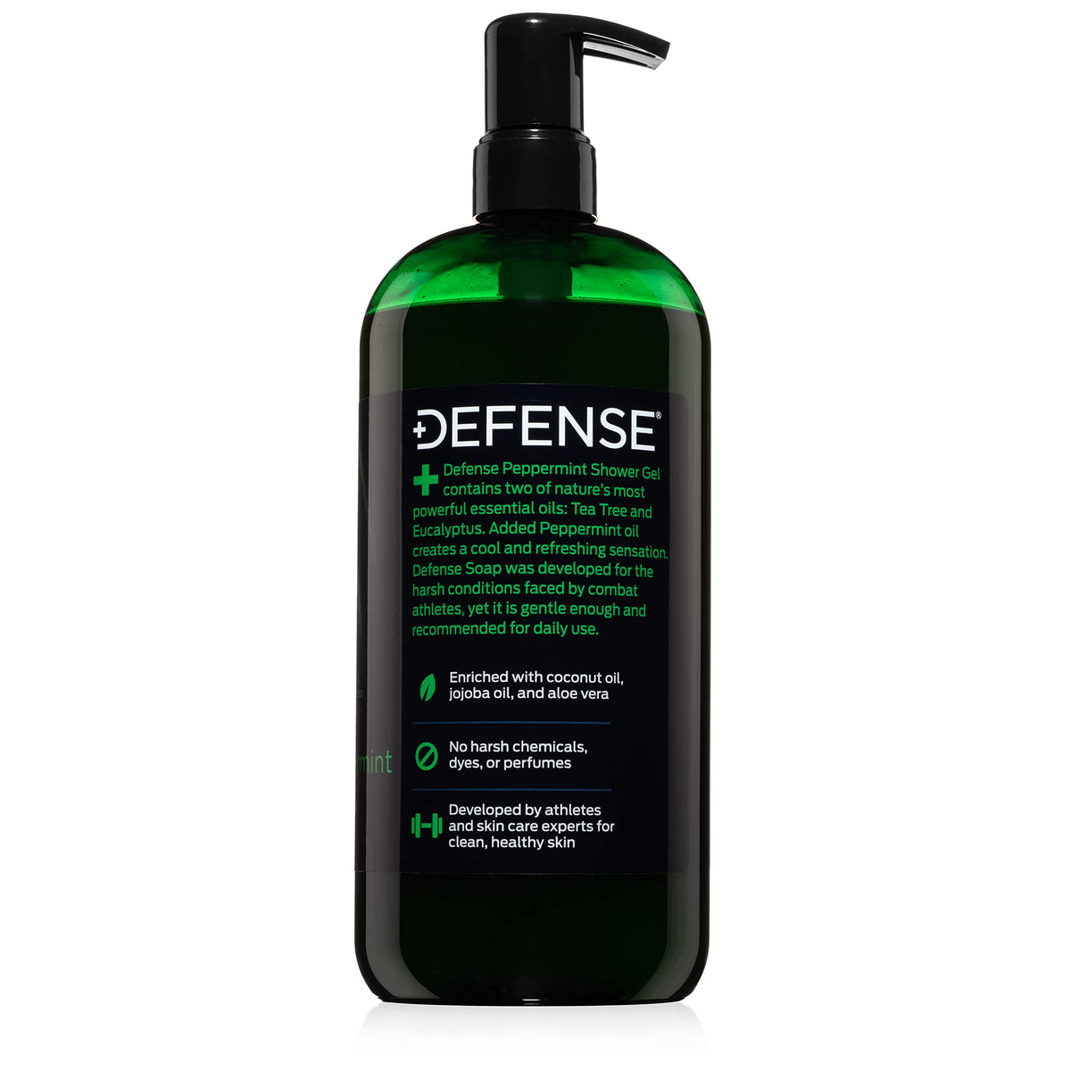 Defense Soap with tea tree and peppermint bottles showing natural ingredient benefit
