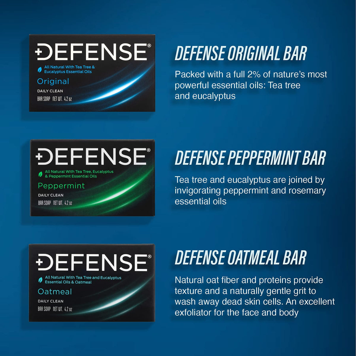 Defense Soap label ingredient panel showing tea tree and eucalyptus oils