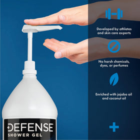 Defense Soap label highlighting tea tree, eucalyptus, and moisturizing oils