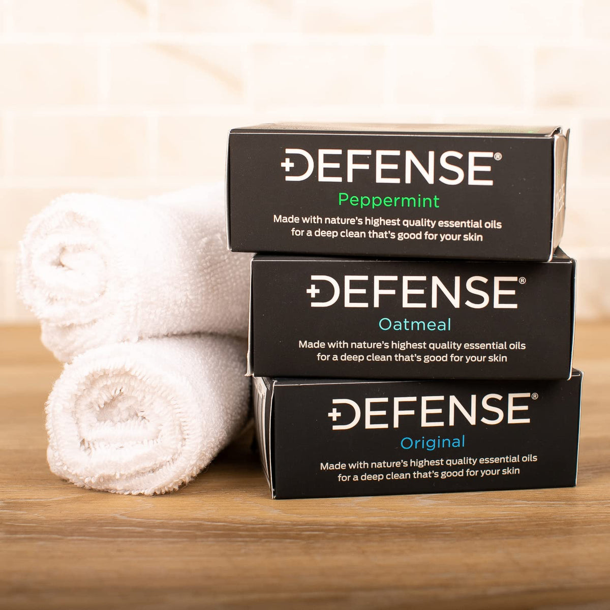 Defense Soap Original bar label visible showing tea tree ingredients