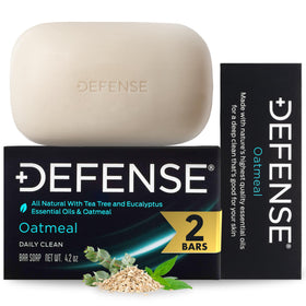 Defense Soap front packaging showing two oatmeal bars and product branding