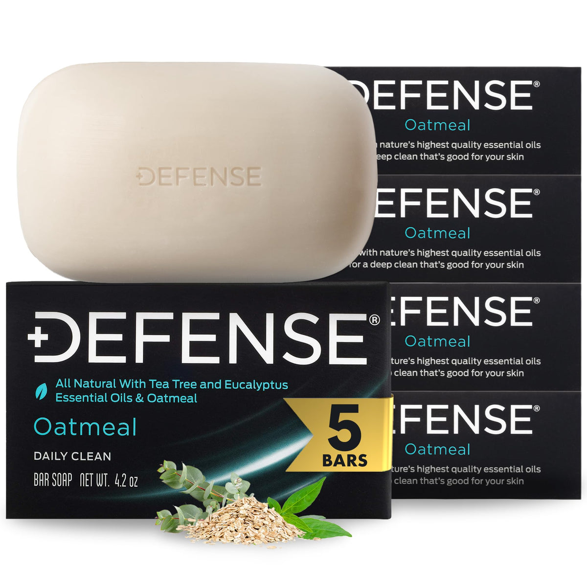 Defense Soap oatmeal bar front packaging showing product benefits and brand