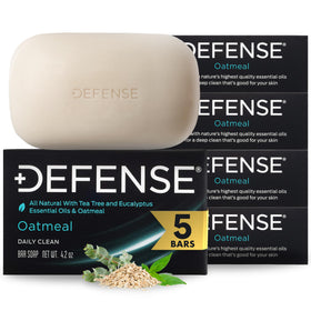 Defense Soap oatmeal bar front packaging showing product benefits and brand