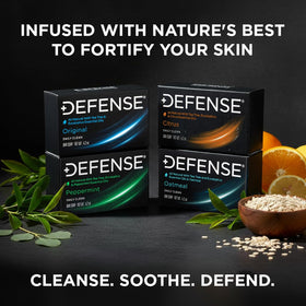 Defense Soap oatmeal bar close-up revealing grainy texture for gentle soothing