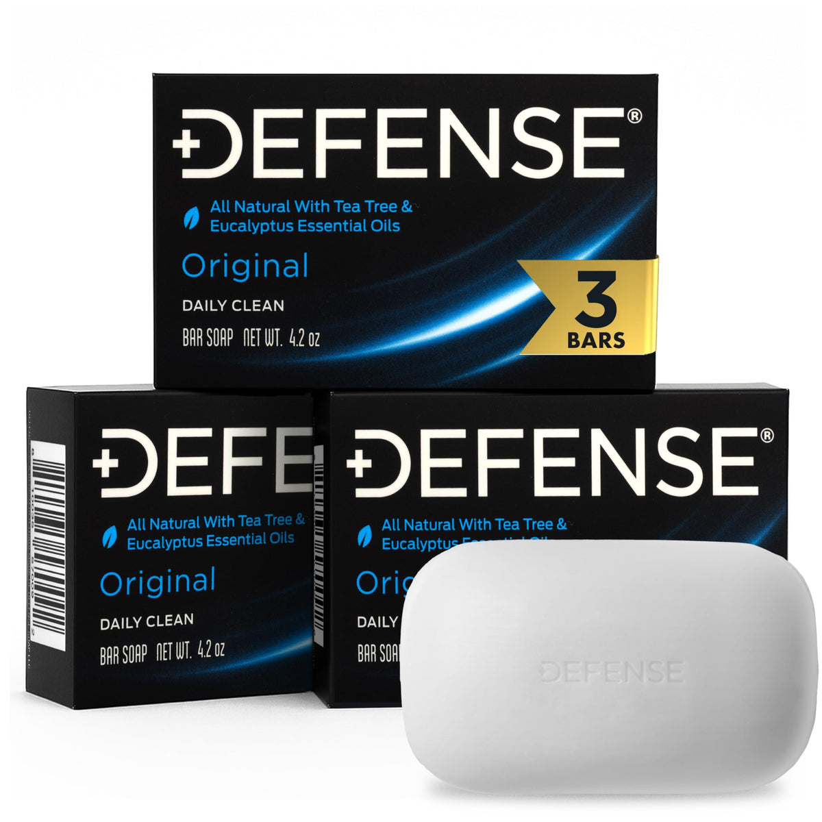 Defense Soap front packaging showing three original bars and fresh scent benefit