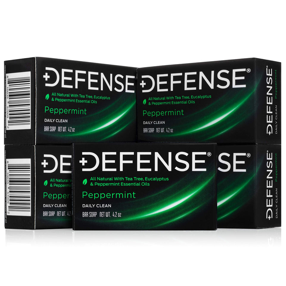 Defense Soap peppermint bar front packaging shows brand and reliable bulk supply benefit