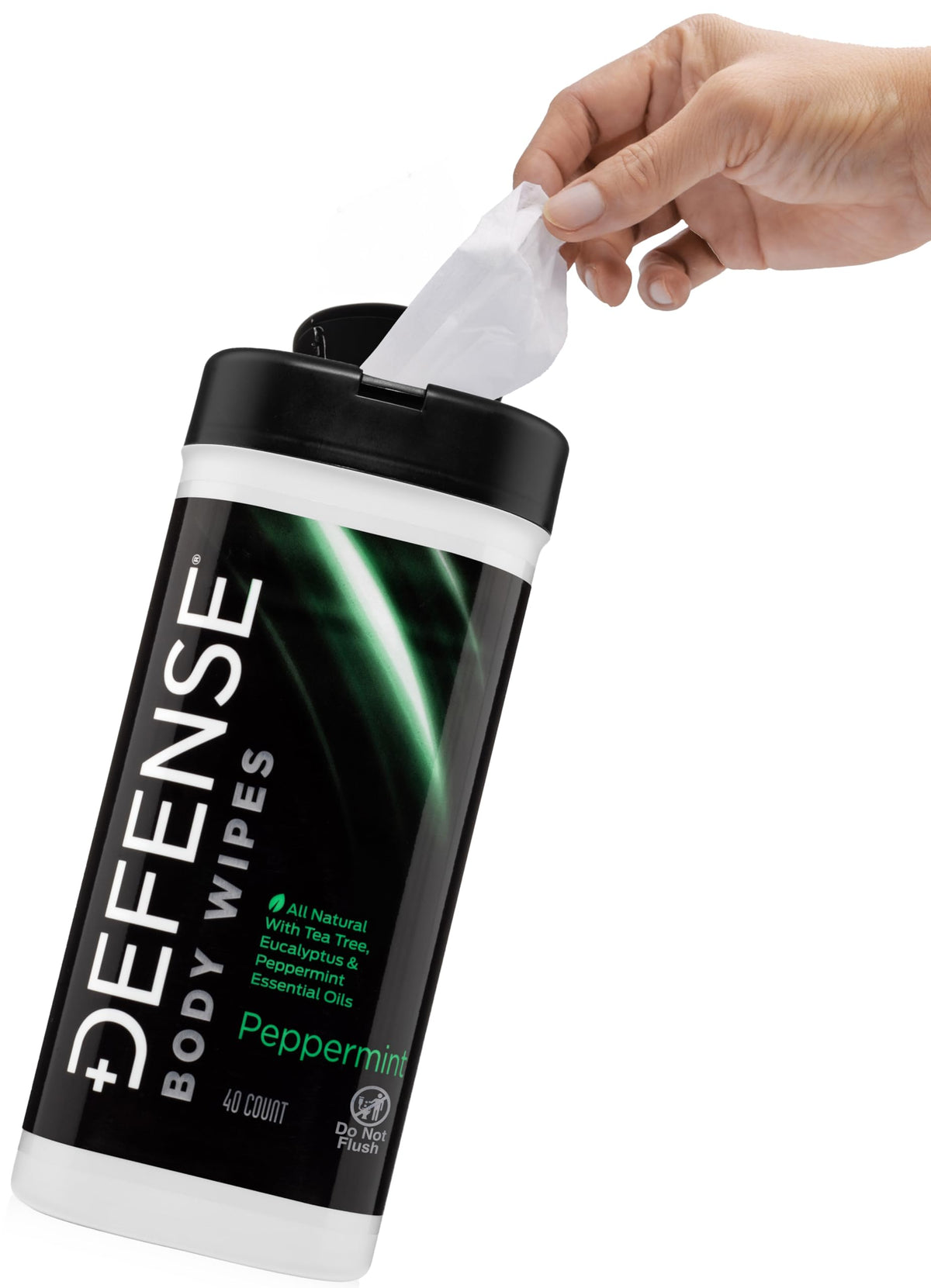 Defense Soap tub front view showing peppermint wipes and brand clarity