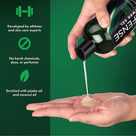 Defense Soap pouring into hand with rich lather for deep cleansing