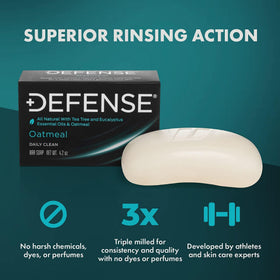 Defense Soap beside common items for size comparison and travel convenience