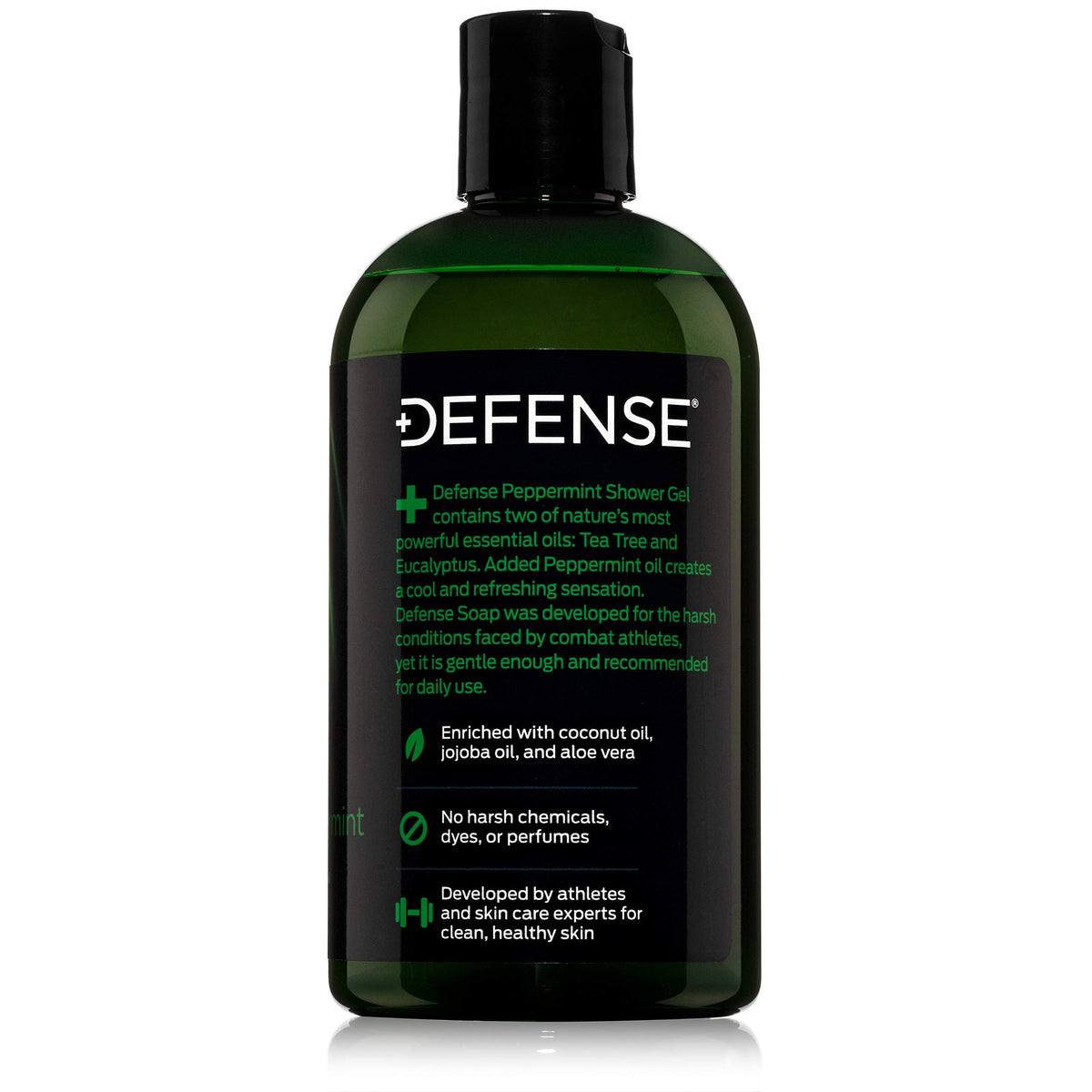 Defense Soap next to a 12 oz size comparison illustrating bottle scale