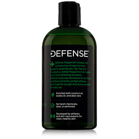 Defense Soap next to a 12 oz size comparison illustrating bottle scale