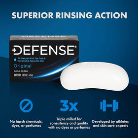 Defense Soap bar in hand showing 4.2 oz size for easy scale and portability