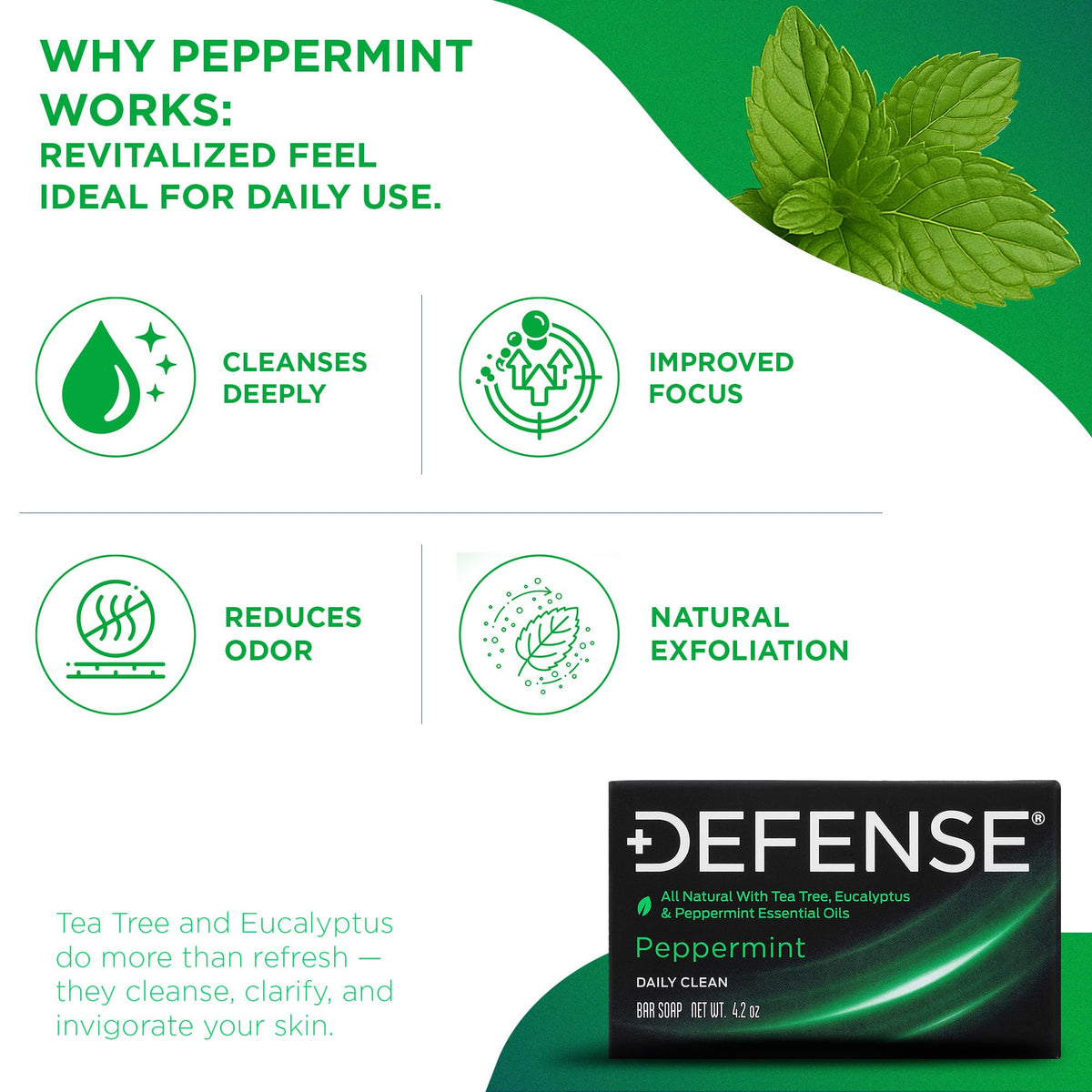 Defense Soap tea tree peppermint eucalyptus ingredients highlighting natural oils