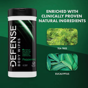 Defense Soap label ingredients list showing tea tree and eucalyptus benefit