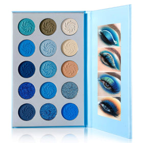 DE'LANCI palette front view showing 15 blue-focused shades and compact design for travel
